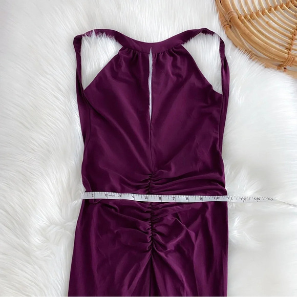 Camille Flawless Open Back Maxi Long Dress Purple Ruched Slit Low V-back Bodycon - Picture 11 of 12